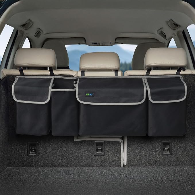 JOYSKY Hanging Trunk Organizer for SUV – Backseat Car Storage Bag, Large Collapsible Backseat Trunk Organizer with Adjustable Straps, Space Saving Car Organization Accessories for Truck MPV Van