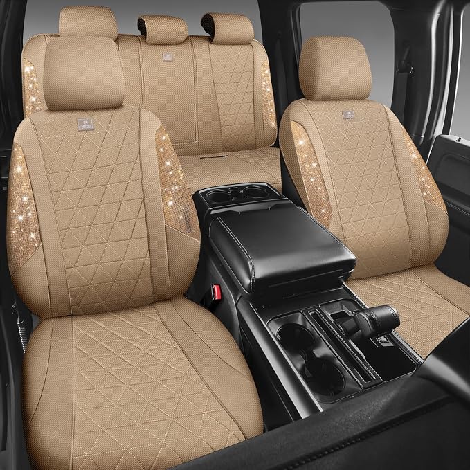 CAR PASS Beige Oxford Bling Diamond Car Seat Covers Full Set Interior Sets, Waterproof Shining Glitter Sparkly Crystal Universal Armrest Fit 95% Automotive Truck SUV Cute Women Girl, Beige Rhinestone