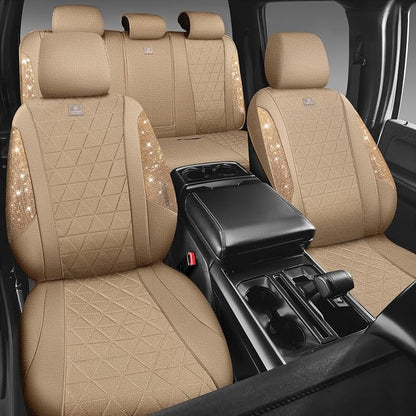 CAR PASS Beige Oxford Bling Diamond Car Seat Covers Full Set Interior Sets, Waterproof Shining Glitter Sparkly Crystal Universal Armrest Fit 95% Automotive Truck SUV Cute Women Girl, Beige Rhinestone