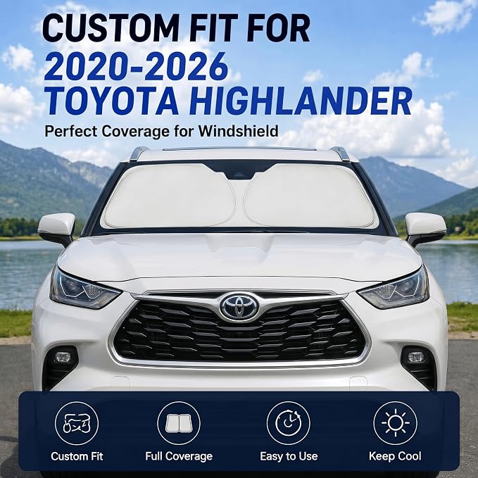 Custom Fit Windshield Sun Shade for Toyota Highlander 2020-2026 | Custom Fit Windshield Cover, Blocks UV Rays, Double-Layer Heat Shield, Durable Frame, Easy Fold & Storage