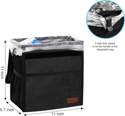 Leak Proof Car Trash Bag Waterproof Garbage Can with Lid for SUV Front Seat Multipurpose Car Hanging for Headrest Collapsible and Portable with Storage Mesh Pocket, Large/ Black