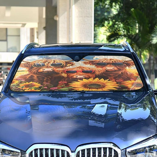 Highland Cows Sunflowers Windshield Sunshade Car Sun Shade Front Window Shade for Truck SUV Blocks UV Rays Sun Reflector Visor Protector Accordion Folding