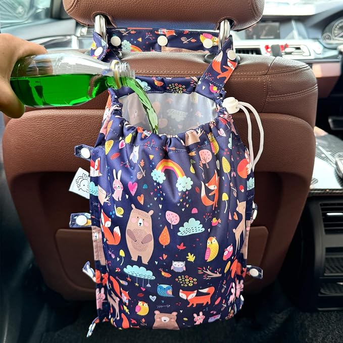 Leak-Proof Waterproof Car Trash Bag Foldable Multipurpose Trash bin Container Storage Cute Grocery Organizer Bag for Automotive Front or Back Seat in Cars SUVs and Trucks (Jungle Animals)