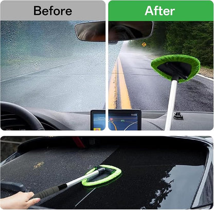 Windshield Cleaner Tool with Extendable Handle, Car Window Cleaning Kit for Inside & Outside Glass, Includes Microfiber Pads, Brush & Bottle (7 Pcs, Green)