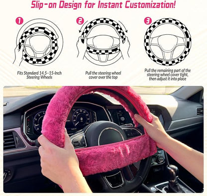 5 Pcs Fuzzy Pink Color Car Accessories Set, Soft Fluffy Plush Steering Wheel Cover, Center Console Armrest Pad & Rearview Mirror Cover - Interior Decorations for Women,Universal Fit (Pink)