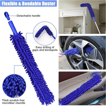 anngrowy 62" Microfiber Car Wash Brush with Long Handle, Car Washing Blue Set Mitt, Sponge, Car Cleaning Supplies Kit, Duster, Car Brush Accessories