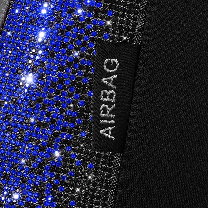 CAR PASS Bling Diamond Black Leather Car Seat Covers for 2 Front Interior Sets, Waterproof Shining Glitter Sparkly Crystal Universal Armrest Fit Automotive Truck SUV Cute Women Girl, Blue Rhinestone