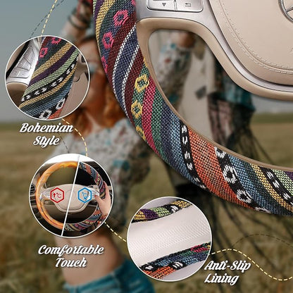 SEG Direct Boho Steering Wheel Cover with Baja Blanket Cloth, Ethnic Style Auto Wheel Cover Made of Coarse Flax, Fits 14 1/2-15 1/4 inches Car Wheel