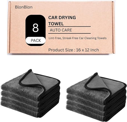 BlonBlon 8-Pack Microfiber Car Towels – Super Absorbent, Large Drying Towels for Cars (600 GSM, 16" x 12")
