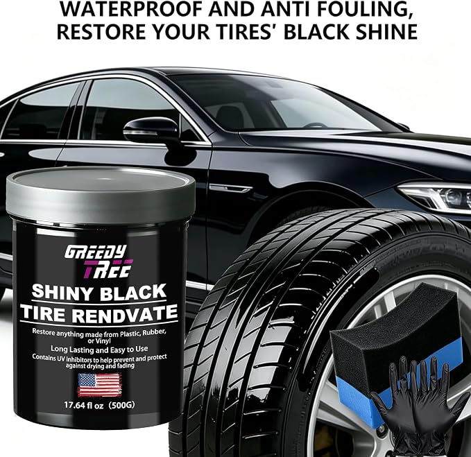 Shiny Black Tire Renovator, The Perfect Deep Black Shine - Long Lasting Car Tire Dressing - No Sling & Dry to Touch, 17.64 Oz Kit with Applicator and waxing Gloves
