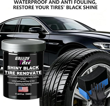Shiny Black Tire Renovator, The Perfect Deep Black Shine - Long Lasting Car Tire Dressing - No Sling & Dry to Touch, 17.64 Oz Kit with Applicator and waxing Gloves