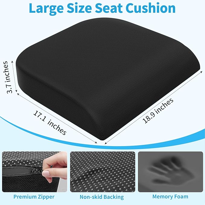 TranquilRelax 2XL Seat Cushion, Memory Foam Cushion for Long Sitting Hours on Office Chair, Car Seat, Non-Slip Chair Pad for Sciatica, Coccyx, Tailbone Pain Relief & Post-Surgery Recovery (Black)