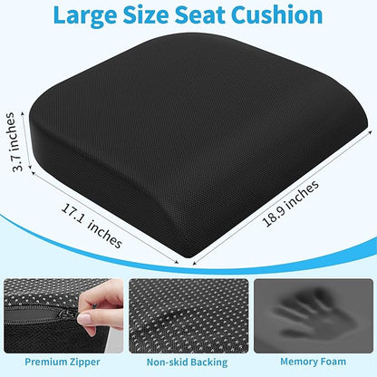 TranquilRelax 2XL Seat Cushion, Memory Foam Cushion for Long Sitting Hours on Office Chair, Car Seat, Non-Slip Chair Pad for Sciatica, Coccyx, Tailbone Pain Relief & Post-Surgery Recovery (Black)