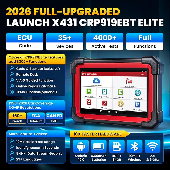 LAUNCH X431 CRP919EBT OBD2 Scanner, Advanced Wireless Bluetooth Bidirectional Scan Tool, ECU Code, CANFD/DOIP, FCA AutoAuth, 35+ Resets, VAG Guided, All Systems for All Vehicles, Upgraded of CRP919E