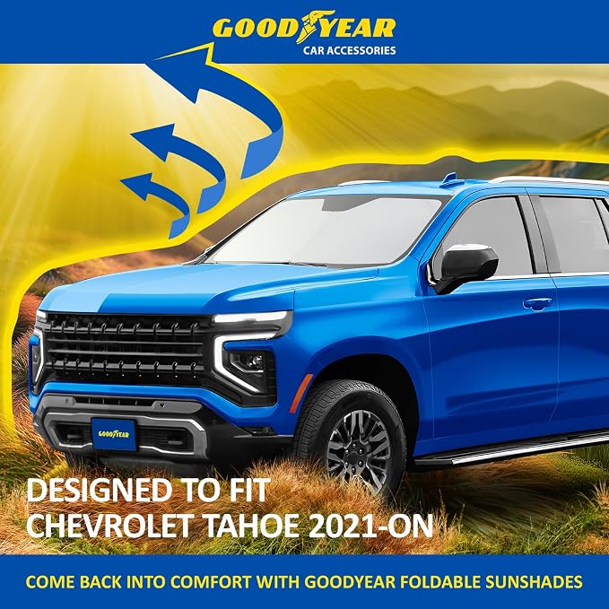 Goodyear Foldable Windshield Sunshade for Chevrolet (Chevy) Tahoe 2021-2026, SUV car Accessories, Sunshade Cover, Sun Shade Car Windshield, Window Sun Blocker - GY008221