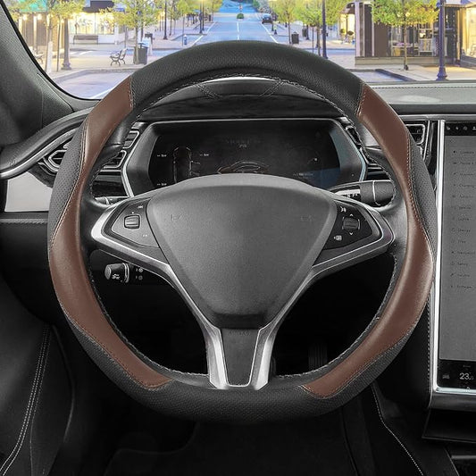 SEG Direct D Shaped Steering Wheel Cover, Flat Bottom Car Wheel Cover 14 1/2-15 in. (37-39 cm), Black and Mocha Brown Microfiber Leather