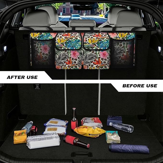Leopard Print Hanging Car Organizer Collapsible Cargo Storage Bag with 4 Pockets Automotive Interior Cargo Organization Storage Bag Accessories for Cars,SUV,Sedan