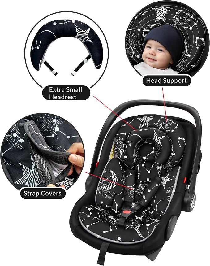 Tinlyfinly Infant Car Seat Insert with Removable Cushion for Preemie to Toddler, Reversible Newborn Carseat Insert for Baby Head Body Support, Fits for Stroller, Baby Swing, Bouncer (Black Star)