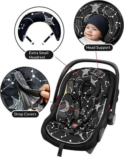 Tinlyfinly Infant Car Seat Insert with Removable Cushion for Preemie to Toddler, Reversible Newborn Carseat Insert for Baby Head Body Support, Fits for Stroller, Baby Swing, Bouncer (Black Star)