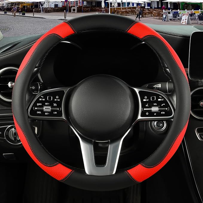 Microfiber Leather Steering Wheel Cover, Breathable, Anti Slip, 13.5 inch to 14 inch, Black with Red