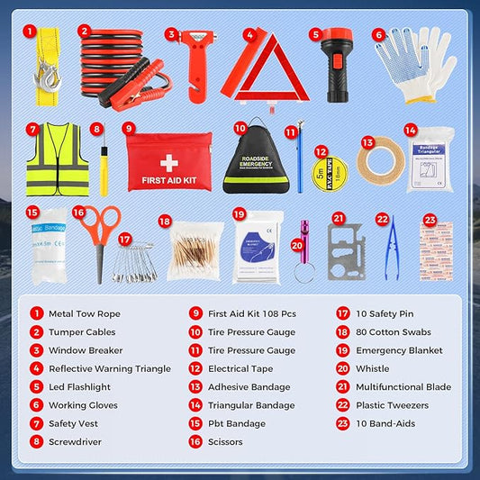 Car Emergency Kit with Jumper Cables, Roadside Safety Emergency Car Kit for Vehicle Truck Motorcycle - Gifts for Men Women Teenagers, Easy Storage(Black)