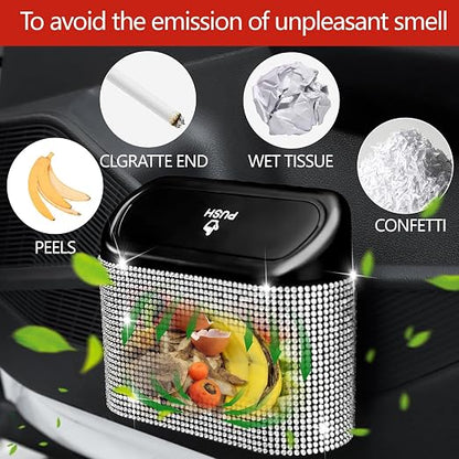 NBTEPEM Bling Car Trash Can with Lid, Mini Auto Garbage Can with 30 Trash Bags, Leakproof Automotive Garbage Container Bin, Bling Car Accessories Trash Can for Women (Silver Diamond)