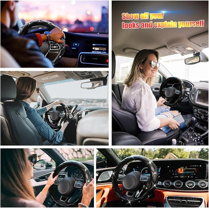 SuperKaKa Black Steering Wheel Cover 2026, Auto Cute Girly Diamond Bling Comfort Leather Car Interior Accessories Protector Sparkly Automotive Decoration for Women Men