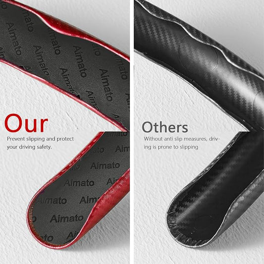 3 Piece Carbon Fiber Steering Wheel Cover,Car Steering Wheel Protector with Non-Slip Lining,Breathable Microfiber Universal for 14.5-15 inch,Red