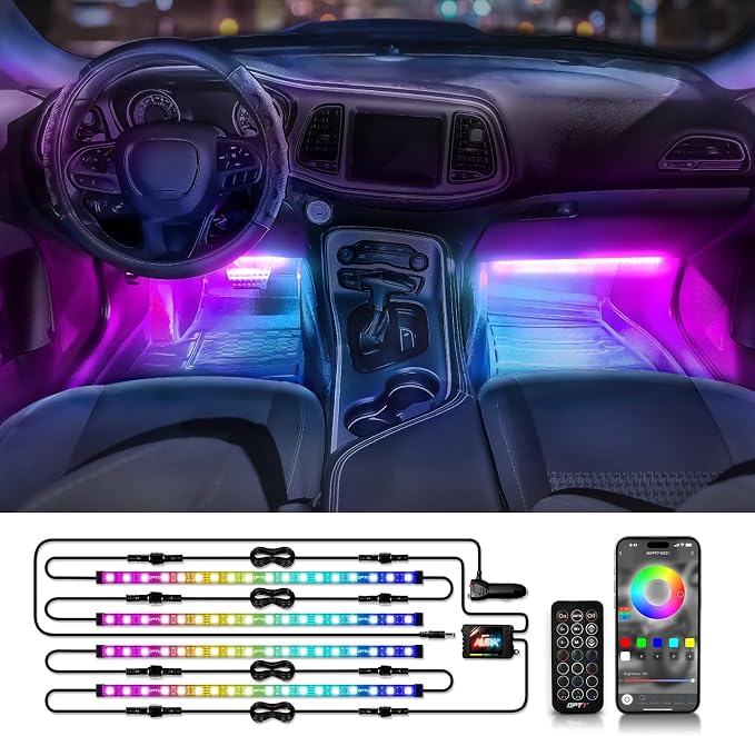 OPT7 Aura DreamColor RGB-IC LED Car Interior Light Strips, 4PC Neon Ambient Lighting Kit with APP & Remote, 12V Music Color Chasing Lights for SUV Truck Van, Under Dash Decor