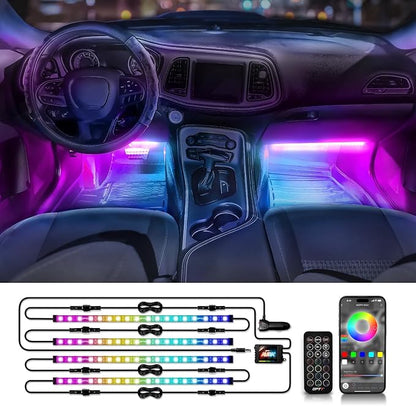 OPT7 Aura DreamColor RGB-IC LED Car Interior Light Strips, 4PC Neon Ambient Lighting Kit with APP & Remote, 12V Music Color Chasing Lights for SUV Truck Van, Under Dash Decor