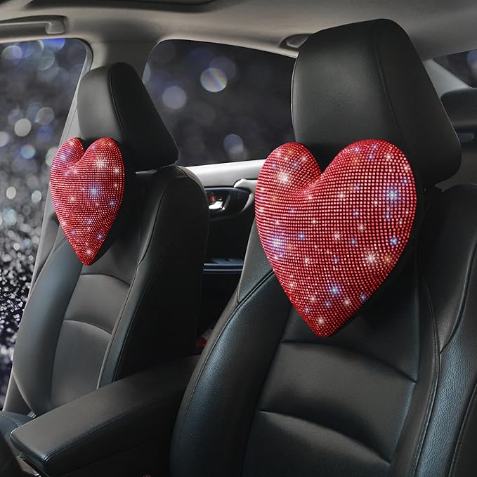 Neck Pillow Neck Rest for Car Headrest Support Neck Support Relax Travel Bling Bling Rhinestones Car Interior Accessories Diamond Pillow for Women Two Packs Universal Fit Red 2 Pieces