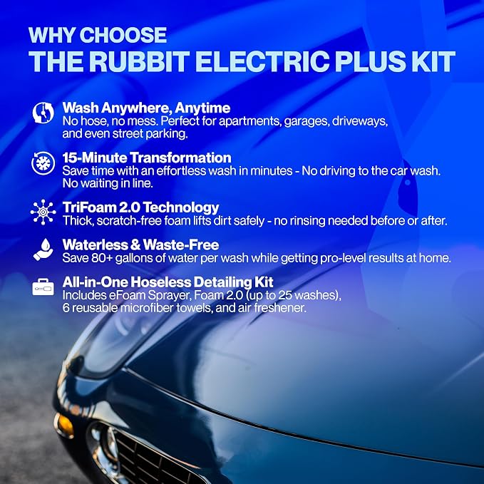 Electric Plus Kit, Waterless Car Wash Kit, Rechargeable Electric Sprayer, Foam 2.0 Solution, 6 Reusable Microfiber Towels, & Air Freshener, Car Cleaning Supplies, 9 Piece Auto Cleaning Kit