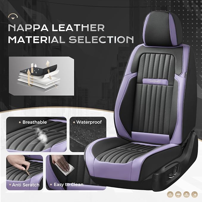 Coverado Car Seat Covers Full Set, Seat Covers for Cars, Car Seat Cover, Car Seat Protector, Leather Car Seat Cushion, Waterproof Car Seat Covers Front Seats and Back Fit for Most Cars(Purple&Black)