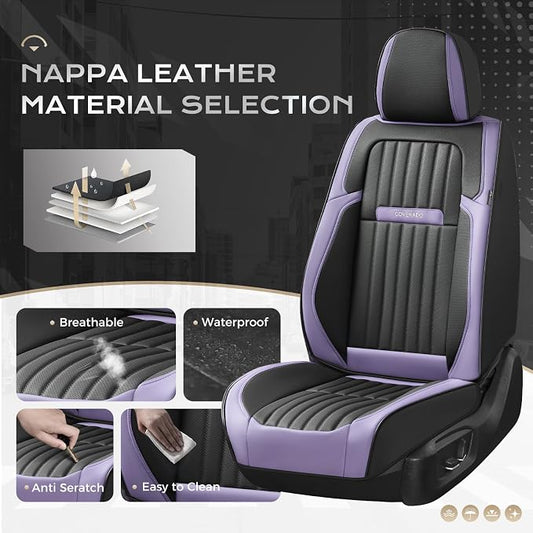 Coverado Car Seat Covers Full Set, Seat Covers for Cars, Car Seat Cover, Car Seat Protector, Leather Car Seat Cushion, Waterproof Car Seat Covers Front Seats and Back Fit for Most Cars(Purple&Black)
