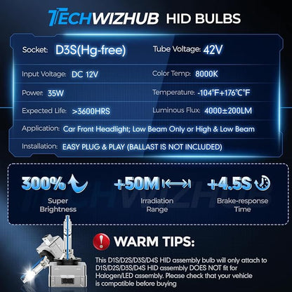 D3S HID Bulbs, 8000K White Blue 35W High/Low Beam, Replacement 66340 42403 42302 42302C1 Xenon Bulbs, UV Resistant, Pack of 2