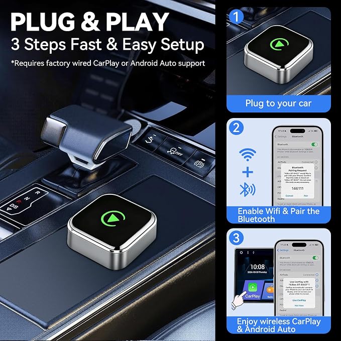 2026 Wireless CarPlay Adapter for iPhone&Android Auto, Bluetooth Plug&Play Converts Wired CarPlay/Android Auto to Wireless-Stable Connection for iPhone iOS 10+ & Android 11+ Phones