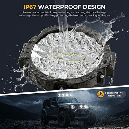 Round LED Off-Road Lights - 7INCH LED Tractor Work Light 201W Auxiliary Driving Light Pod Fog Lamp with Wiring Harness for Pickup Trucks Snowmobile Boat SUV ATV UTV(4 Pack Black+2 Wiring)