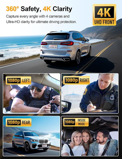 360° View 4K 4 Channel Dash Cam Front and Rear Inside Left Right, Built-in GPS, 5.8GHz WiFi, Car Dash Camera for Cars with App Connect, Support Parking Mode, G-Sensor, Free 128GB Card