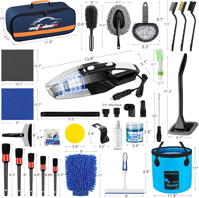 41Pcs Car Cleaning Wash Kit Interior Detailing Cleaner Kit with High Power Handheld Vacuum, Collapsible Bucket, Windshield Tool, Snow Shovel, Tire Brush, Complete Car Care Tools, Blue