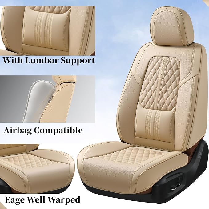 Coverado Seat Covers, Car Front Seat Covers with Backrest, Nappa Leather Car Seat Protectors,Waterproof &Breathable,Anti-Slip Automotive Seat Cushion, Universal Fit for Most Vehicles,2Pcs Beige