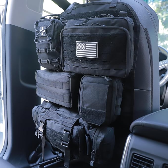 Universal Tactical Car Seat Back Organizer Bag Tactical Molle Vehicle Organizers Panel Vehicle Protector Organizers with 5 Detachable Pouches for Car Truck Ford Jeep (Upgraded C model Black)