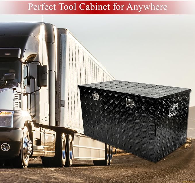 44''Inch Aluminum Truck Tool Box Truck Bed Toolbox Truck Trailer Chest Box Trailer Underbody Storage Organizer Waterproof Square Storage Organizer w/Lock & Keys Black(‎44" x24''x24'')