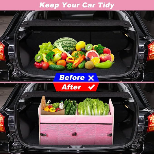 Car Trunk Organizer with Individual Cooler Bag - 2 Compartment Collapsible Car Storage for SUV (Pink)