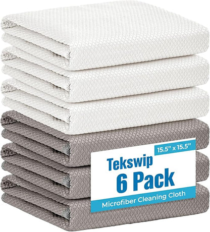 Microfiber Glass Cleaning Cloth,White Gray, 6 Pack | 15.5x15.5 Inches Lint Free Streak Free Stainless Steel Cloth For Window Screen Car