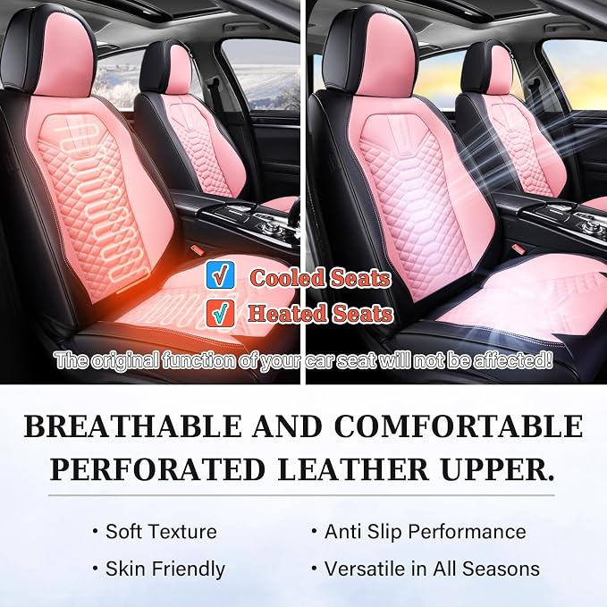 Coverado Seat Covers Full Set, Waterproof Nappa Leather Seat Covers for Cars, 5 Seats Universal Car Seat Protectors, Black and Pink Leather Car Seat Covers Car Seat Cushions Fit for Most Cars