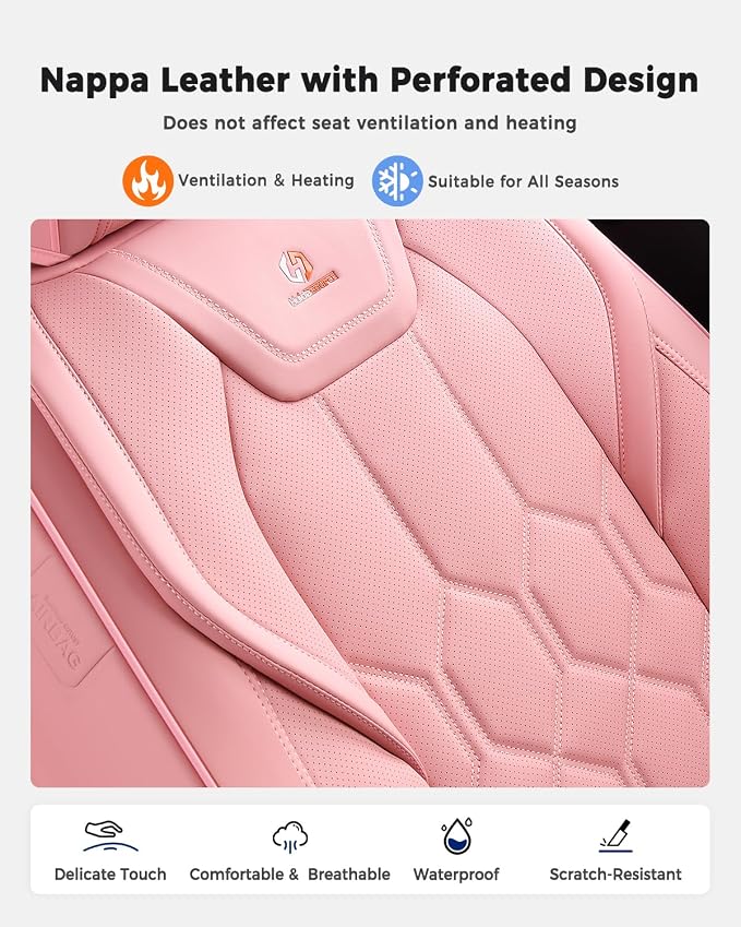 Huidasource Front Seat Covers, Universal Fit for Most Cars SUV Trucks, Full Coverage Leather Seat Cover, Airbag Compatble, Seat Function Retain, Storage Pocket Design, Easy to Install, Pink