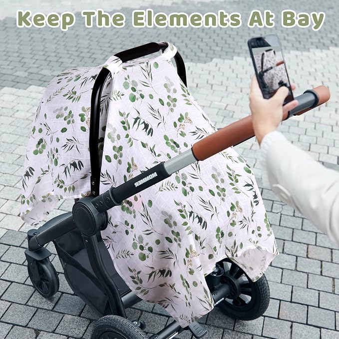 Rquite Car Seat Cover Baby for Boys Girls, 100% Muslin Cotton Infant Carseat Canopy, Soft Breathable Stroller Sun Shade & Newborn Shower Gift, Large Size Universal Fit Summer, Hot & Warm Weather