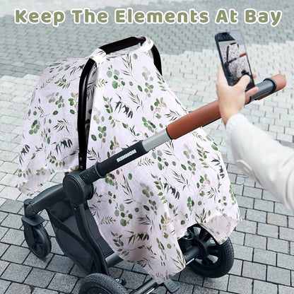 Rquite Car Seat Cover Baby for Boys Girls, 100% Muslin Cotton Infant Carseat Canopy, Soft Breathable Stroller Sun Shade & Newborn Shower Gift, Large Size Universal Fit Summer, Hot & Warm Weather