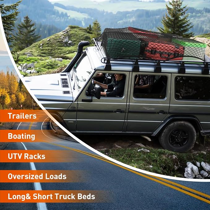 Heavy Duty Cargo Net for Pickup Truck Bed - 4' x 4' Stretches to 8' x 8' - Sturdy Latex Bungee Net Mesh - Truck Bed Accessories for Dodge RAM, Ford, Chevy, Toyota