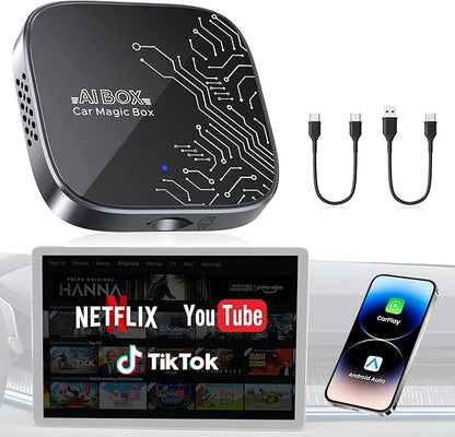 4-in-1 Wireless CarPlay Adapter for Streaming Netflix/YouTube/TikTok/TF Card, 2026 Magic Video AI Box & Android Auto Dongle [Dual Band WiFi, Autolink Pro] Plug & Play, Fits for OEM Wired Car Play Car